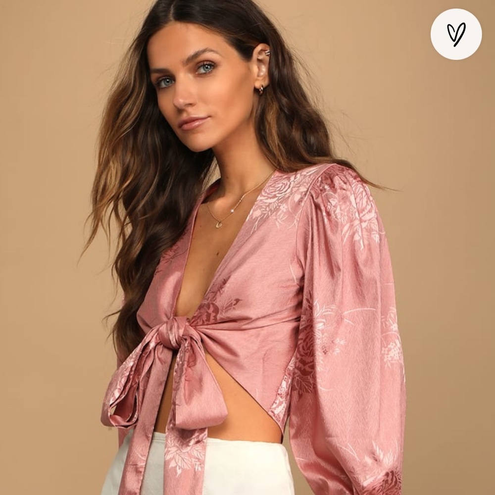 Highly Iconic Rose Pink Satin Jacquard Tie-Front Crop Top